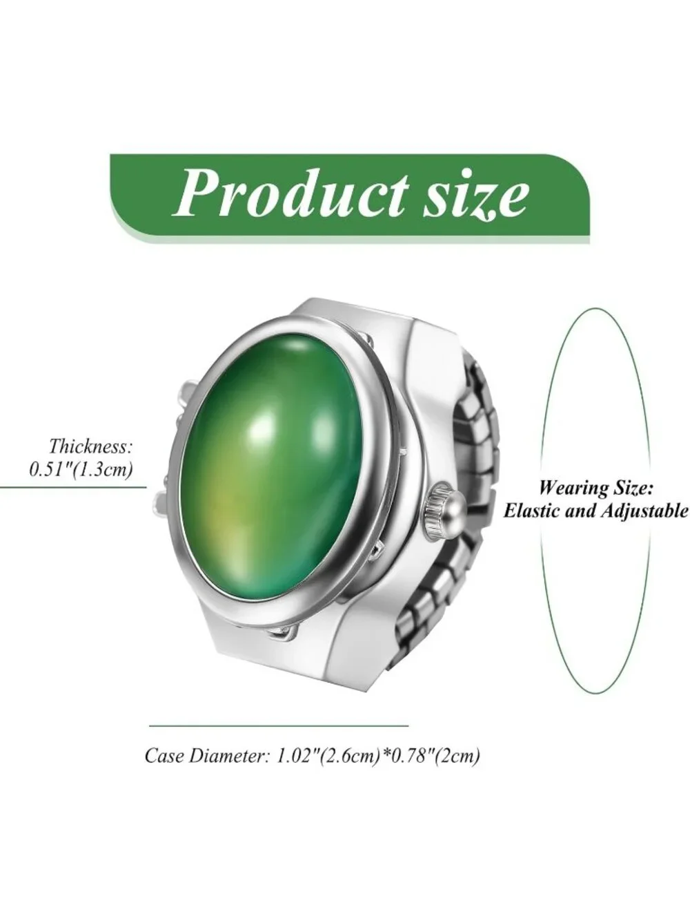 Unisex Silver And Green Analog Elastic Band Stainless Steel Stretchy Ring Watch